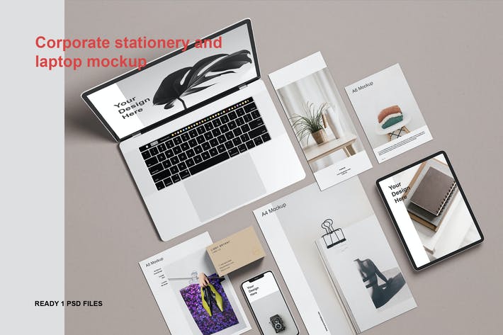 100pic corporate stationery and laptop mockup K4RV4BC