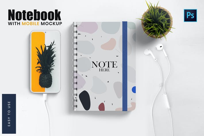 100pic note book with mobile mockup D6PZM7C